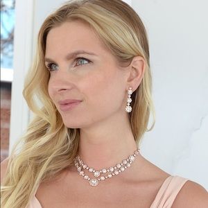 Rose Gold ✨ Two Row Rhinestone 💎Necklace & Earrings Set LuxFashionGalleria.com